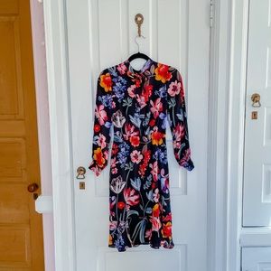 J Crew Floral printed tie neck long sleeve dress